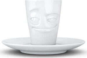 Bílý usměvavý porcelánový hrneček na espresso s podšálkem 58products