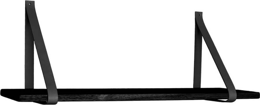 Černá dřevěná police s černými koženými úchytkami House Nordic Forno