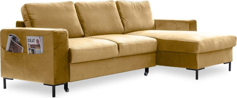 Hořčicově žlutá sametová rozkládací rohová pohovka Miuform Lofty Lilly