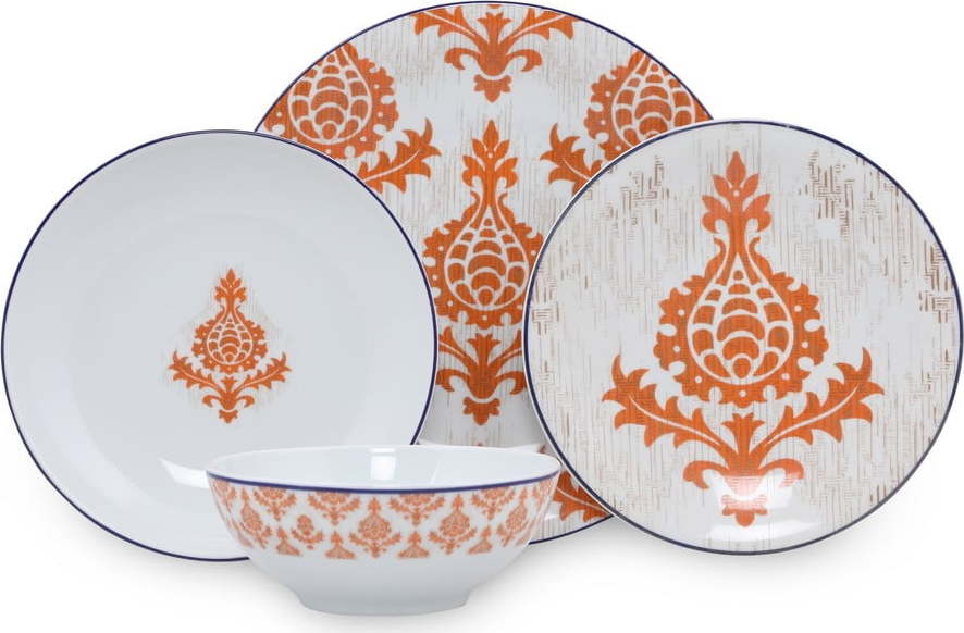 24dílná sada bílo-oranžového porcelánového nádobí Kütahya Porselen Ornaments Kütahya Porselen
