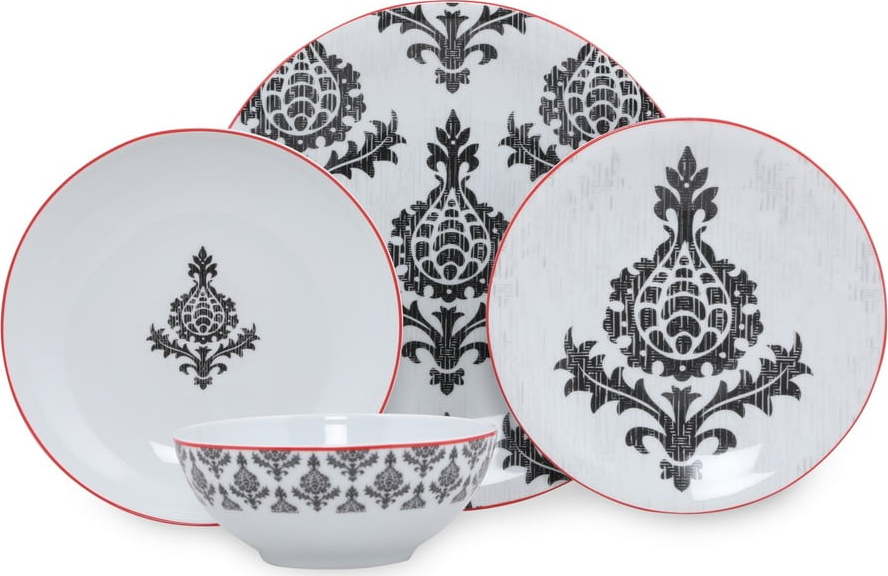 24dílná sada černo-bílého porcelánového nádobí Kütahya Porselen Ornaments Kütahya Porselen