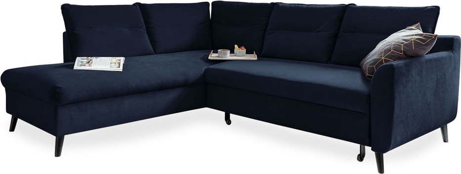 Tmavě modrá sametová rozkládací rohová pohovka Miuform Stylish Stan L