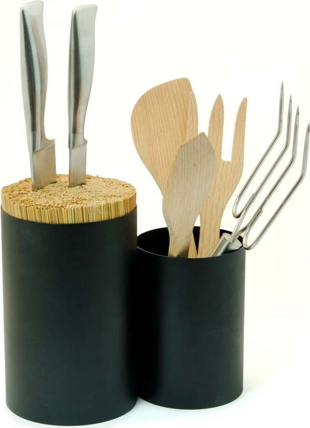 Černý blok na nože a kuchyňské náčiní z bambusového dřeva Wireworks Knife&Spoon Wireworks