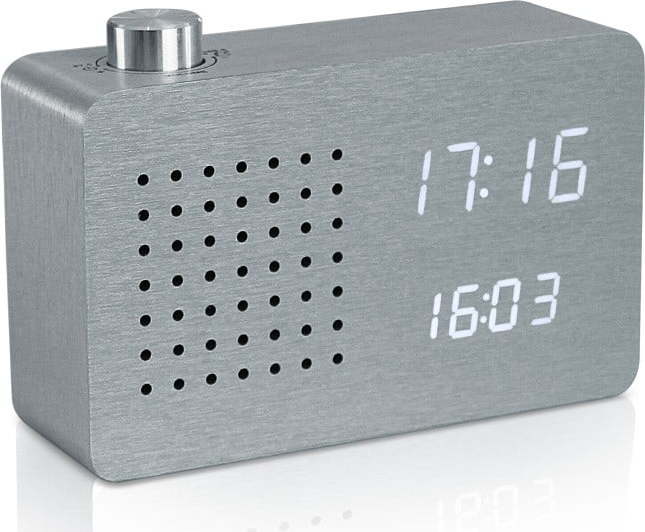 Šedý budík s bílým LED displejem a rádiem Gingko Radio Click Clock Gingko