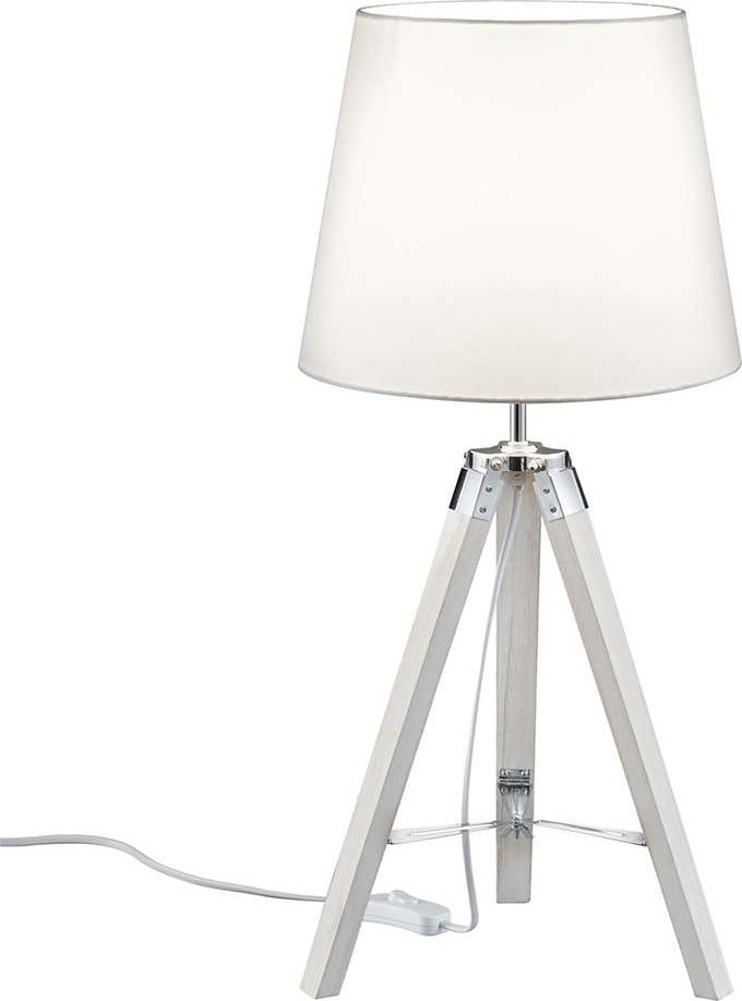 Bílá stolní lampa z přírodního dřeva a tkaniny Trio Tripod