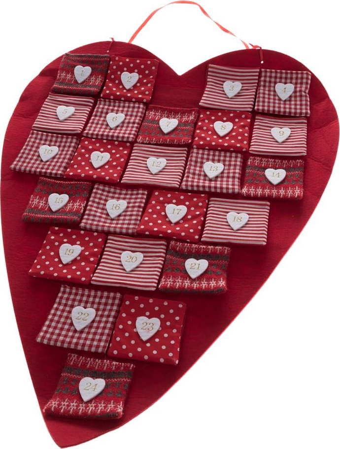 Červený textilní adventní kalendář ve tvaru srdce Dakls