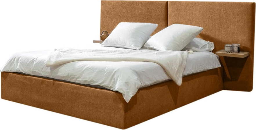 Okrově žlutá čalouněná dvoulůžková postel s úložným prostorem a roštem 160x200 cm Blandine – Bobochic Paris Bobochic Paris