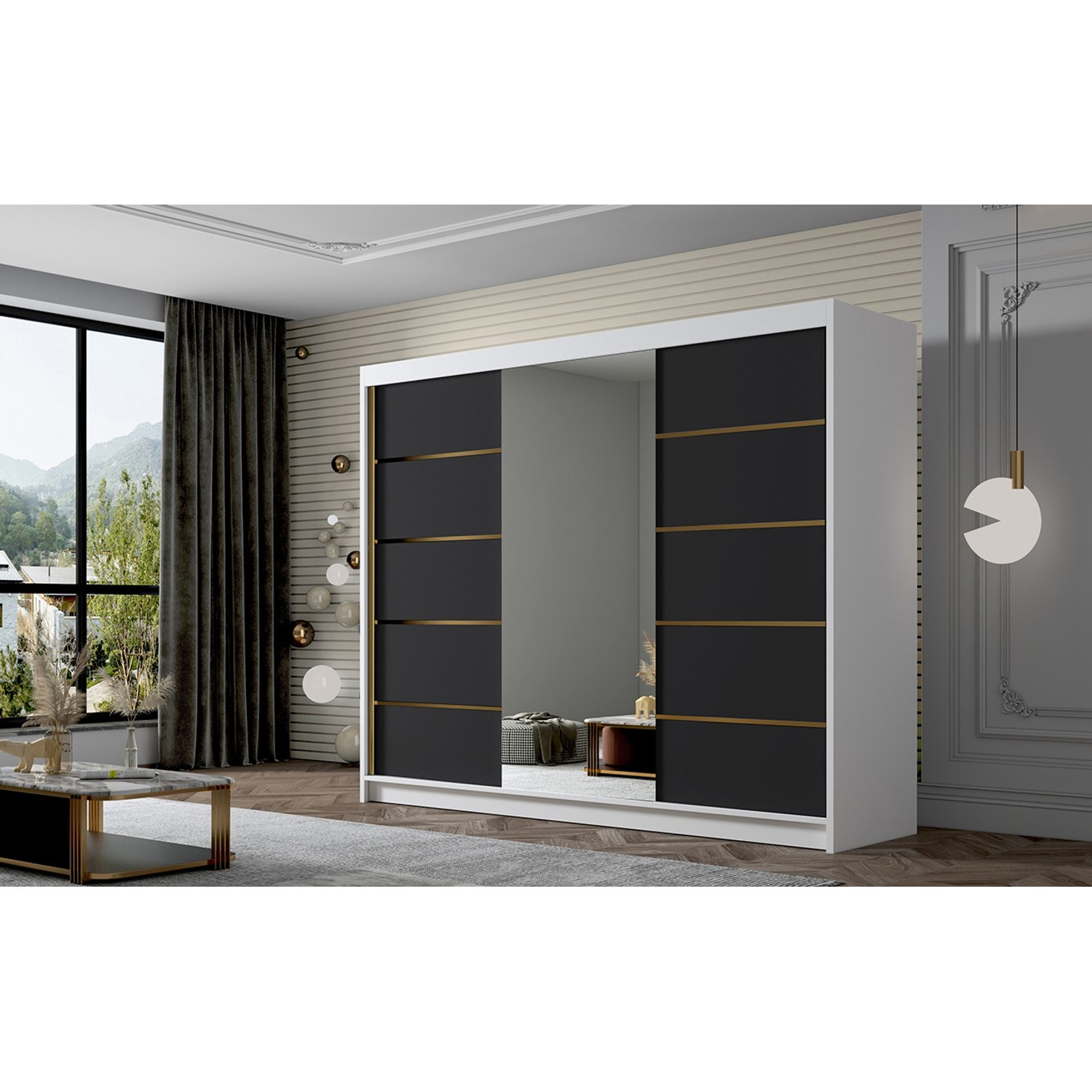 Šatní skříň AMBER VI 250 cm - bílá/černá ankon