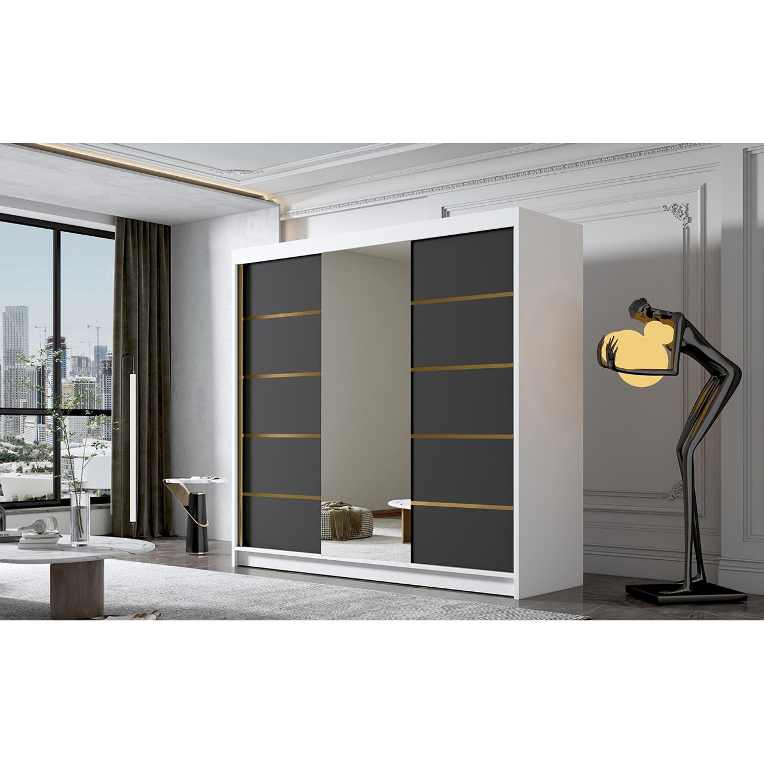 Šatní skříň EVO VI 200 cm - bílá/černá ankon