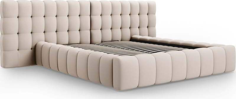 Béžová čalouněná dvoulůžková postel s úložným prostorem a roštem 160x200 cm Mamaia – Micadoni Home Micadoni