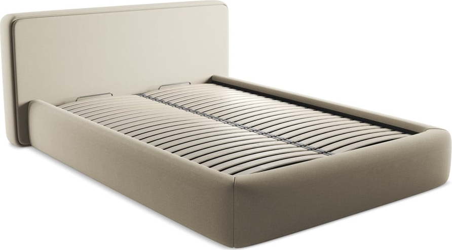 Béžová čalouněná dvoulůžková postel s úložným prostorem s roštem 140x200 cm Kiana – Makamii Makamii
