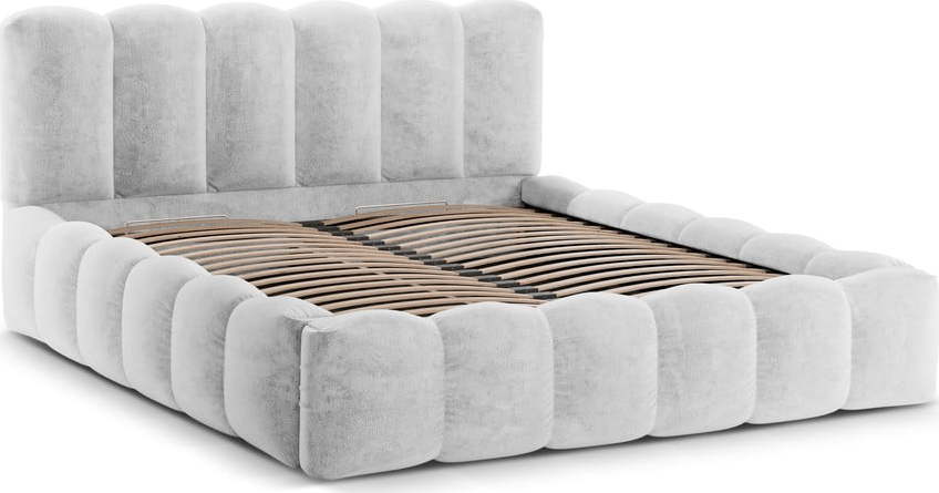 Světle šedá čalouněná dvoulůžková postel s úložným prostorem a roštem 200x200 cm Lupine – Micadoni Home Micadoni