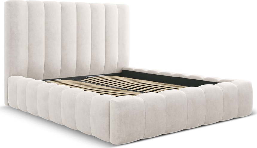 Krémová čalouněná dvoulůžková postel s úložným prostorem a roštem 160x200 cm Kelp – Micadoni Home Micadoni