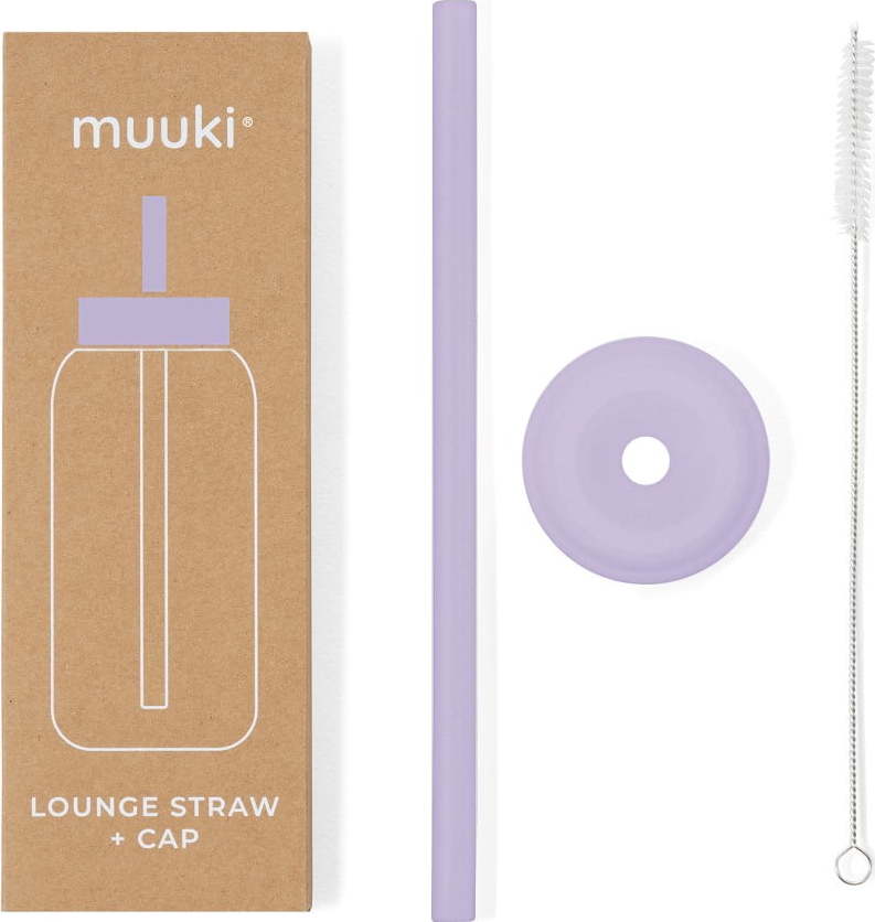 Silikonové brčko s čistícím kartáčkem/s víčkem Pastel Lilac – Muuki MUUKI