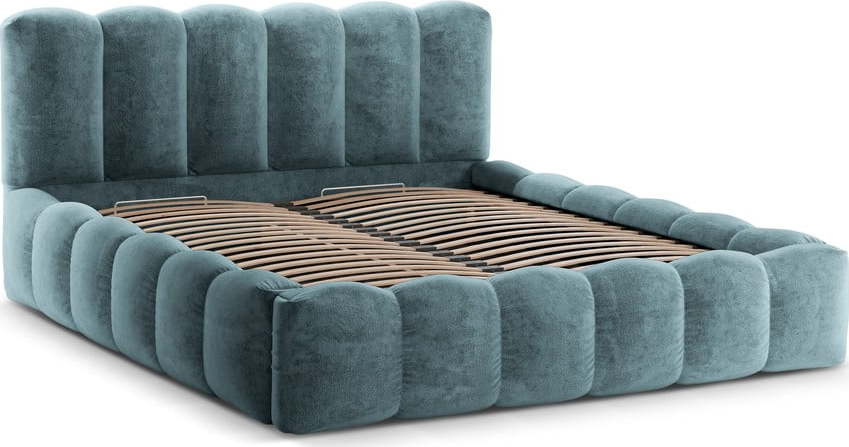 Modrá čalouněná dvoulůžková postel s úložným prostorem a roštem 200x200 cm Lupine – Micadoni Home Micadoni