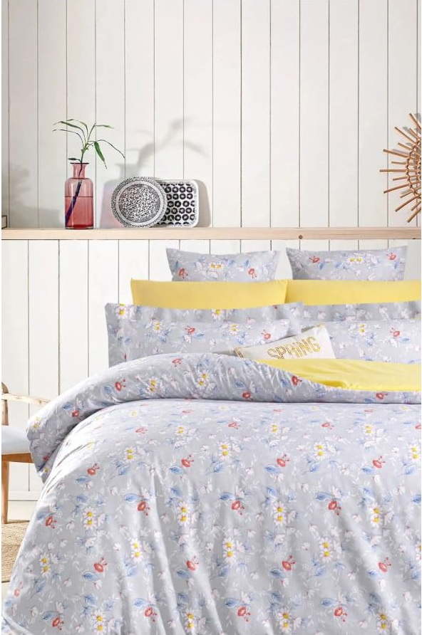 Žluto-šedé prodloužené povlečení na dvoulůžko z bavlny Renforcé s prostěradlem/4dílné 200x220 cm – Mila Home Mila Home