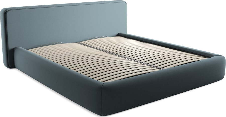 Modrá čalouněná dvoulůžková postel s úložným prostorem s roštem 180x200 cm Kiana – Makamii Makamii