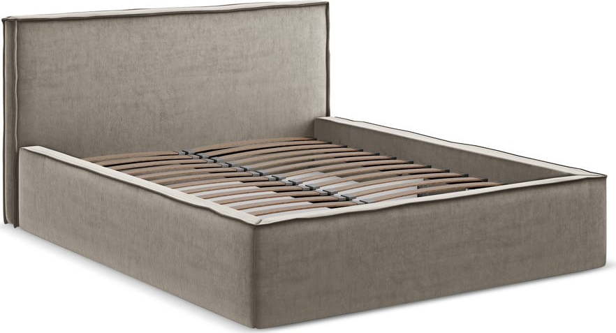 Čalouněná dvoulůžková postel taupe s úložným prostorem s roštem 140x200 cm Anani – Makamii Makamii