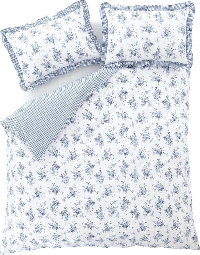Bílo-modré prodloužené povlečení na dvoulůžko 230x220 cm Lucie Floral Frill – Catherine Lansfield Catherine Lansfield
