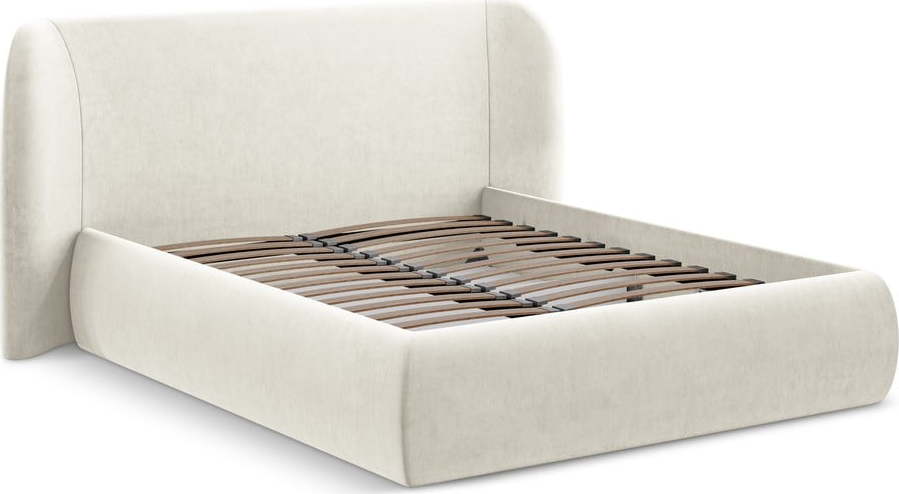 Krémová čalouněná dvoulůžková postel s úložným prostorem s roštem 140x200 cm Hauke – Makamii Makamii