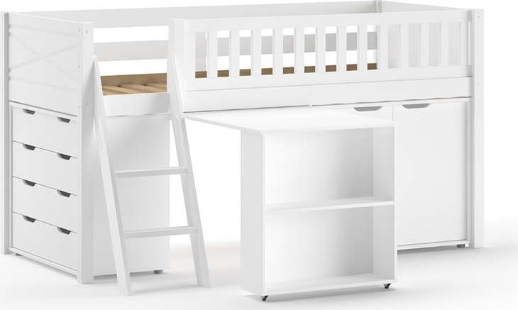 Bílá vyvýšená dětská postel z borovicového dřeva s úložným prostorem s roštem 90x200 cm Scott – Vipack Vipack