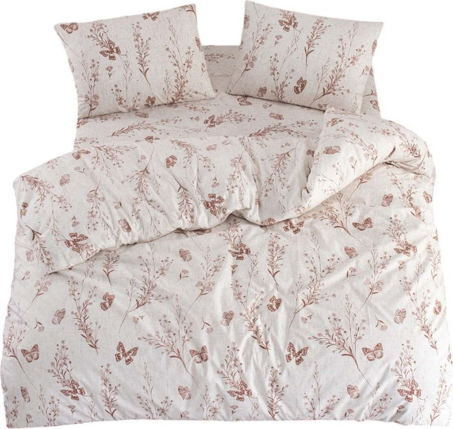 Béžové povlečení na dvoulůžko/prodloužené s prostěradlem/4dílné 200x220 cm Floral Butterfly – Mila Home Mila Home
