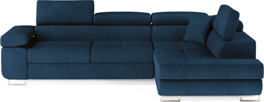 Modrá sametová rozkládací/s úložným prostorem rohová pohovka (pravý roh/do L) Anton – ELTAP ELTAP