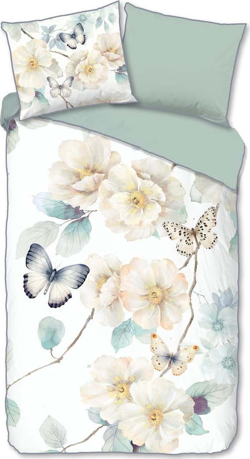 Bílé/zelené povlečení na jednolůžko/prodloužené z bavlněného saténu 140x220 cm Adiwanya – Descanso Descanso