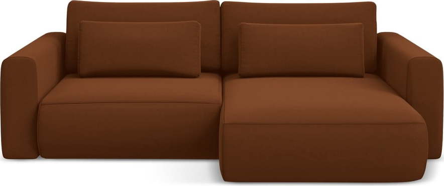 Sametová rozkládací/s úložným prostorem rohová pohovka v terakotové barvě (pravý roh/s lenoškou) Kapua – Makamii Makamii