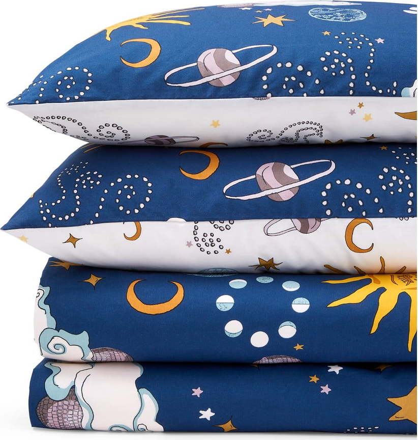 Bílé/modré bavlněné povlečení na dvoulůžko/prodloužené 230x220 cm Disco Space – Their Nibs Their Nibs