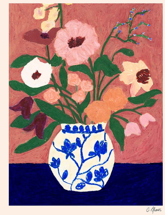 Plakát 30x40 cm Flowers on Blue Table – Carla Llanos – The Poster Club The Poster Club