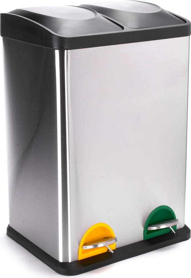 Ocelový odpadkový koš 2x20 l na tříděný odpad/nášlapný v matně stříbrné barvě Tri Selectif – MSV MSV