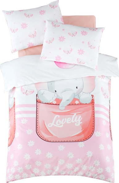 Bílé/růžové dětské povlečení do postýlky z bavlny Renforcé s prostěradlem/4dílné 100x150 cm Lovely – Mijolnir Mijolnir