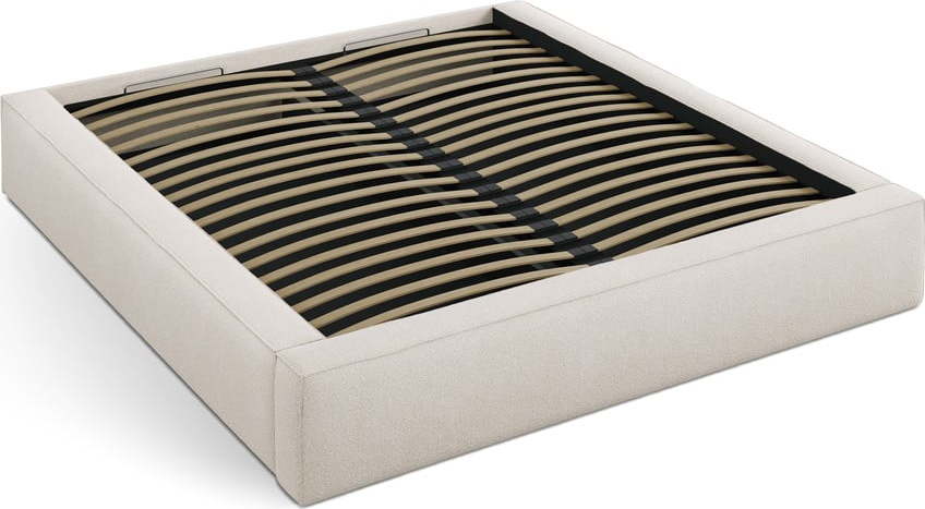 Krémová čalouněná dvoulůžková postel s úložným prostorem s roštem 200x200 cm Simon – Micadoni Micadoni