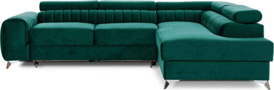 Zelená sametová rozkládací/s úložným prostorem rohová pohovka (pravý roh/do L) Laurence – ELTAP ELTAP