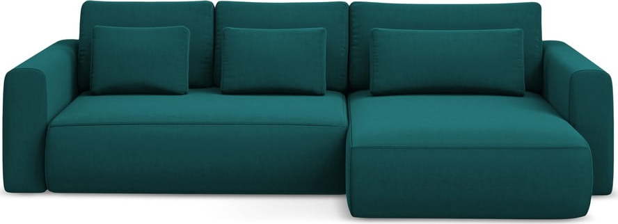 Tyrkysová sametová rozkládací/s úložným prostorem rohová pohovka (pravý roh/s lenoškou) Kapua – Makamii Makamii