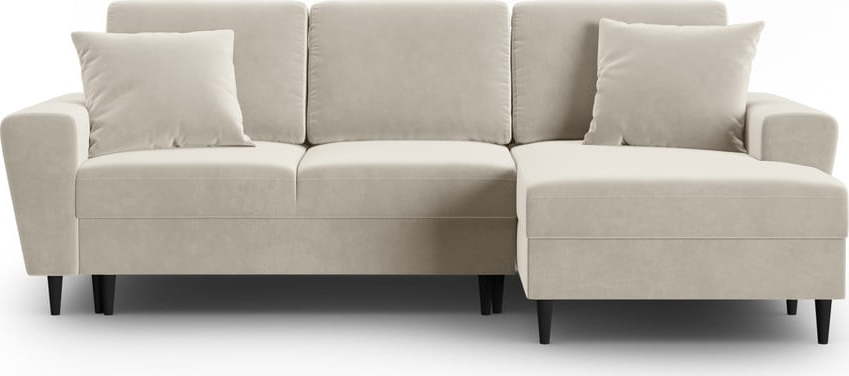 Béžová sametová rozkládací/s úložným prostorem rohová pohovka (pravý roh/s lenoškou) Kyoto – Cosmopolitan Design Cosmopolitan design