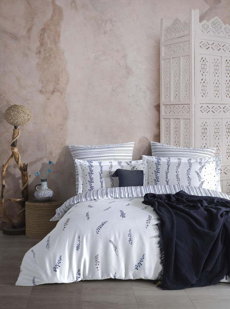 Bílé/modré povlečení na jednolůžko z bavlněného saténu 140x200 cm Marseille Floral – Mila Home Luxury Mila Home Luxury
