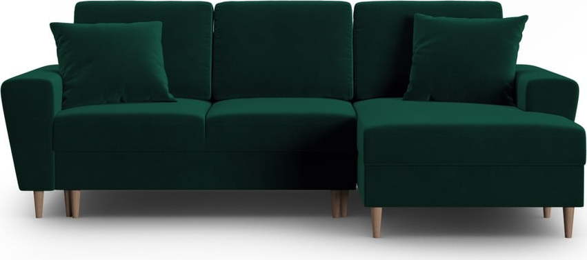 Zelená sametová rozkládací/s úložným prostorem rohová pohovka (pravý roh/s lenoškou) Kyoto – Cosmopolitan Design Cosmopolitan design