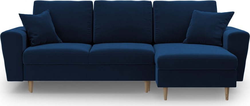 Modrá sametová rozkládací/s úložným prostorem rohová pohovka Kyoto – Cosmopolitan Design Cosmopolitan design