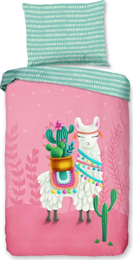 Růžové/tyrkysové bavlněné dětské povlečení na jednolůžko 140x200 cm Lalama – Good Morning GOOD MORNING