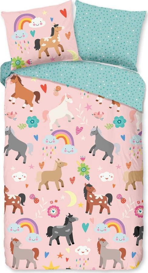 Růžové/tyrkysové bavlněné dětské povlečení na jednolůžko/prodloužené 140x220 cm Horses – Good Morning GOOD MORNING