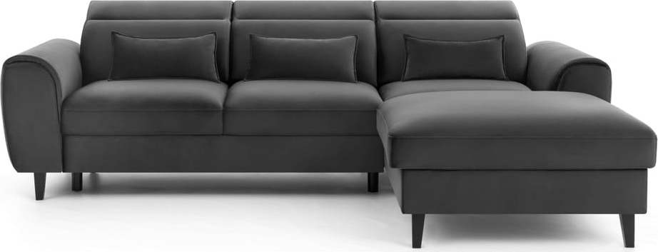 Tmavě šedá sametová rozkládací/s úložným prostorem rohová pohovka (pravý roh/s lenoškou) Foble – ELTAP ELTAP