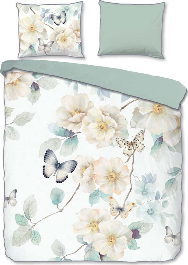 Bílé/zelené povlečení na dvoulůžko/prodloužené z bavlněného saténu 200x220 cm Adiwanya – Descanso Descanso