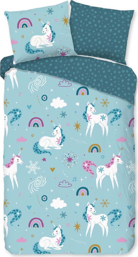 Modré flanelové dětské povlečení na jednolůžko/prodloužené 140x220 cm Snowycorn – Good Morning GOOD MORNING