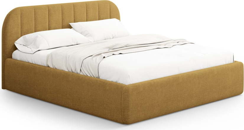 Čalouněná dvoulůžková postel s úložným prostorem s roštem 180x200 cm v hořčicové barvě Juno – Windsor & Co Sofas Windsor & Co Sofas