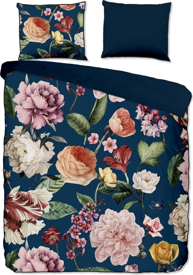 Tmavě modré povlečení na dvoulůžko/prodloužené z bavlněného saténu 200x220 cm Fiori – Descanso Descanso