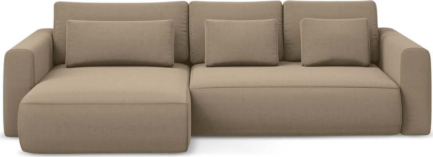 Světle hnědá sametová rozkládací/s úložným prostorem rohová pohovka (levý roh/s lenoškou) Kapua – Makamii Makamii