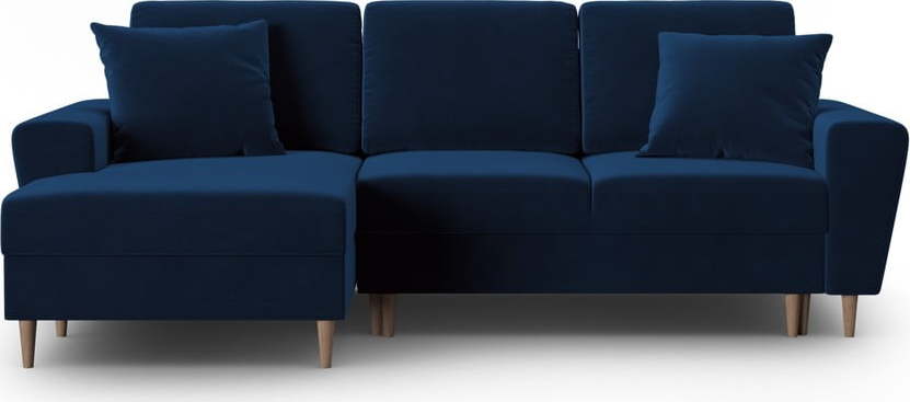 Modrá sametová rozkládací/s úložným prostorem rohová pohovka (levý roh/s lenoškou) Kyoto – Cosmopolitan Design Cosmopolitan design