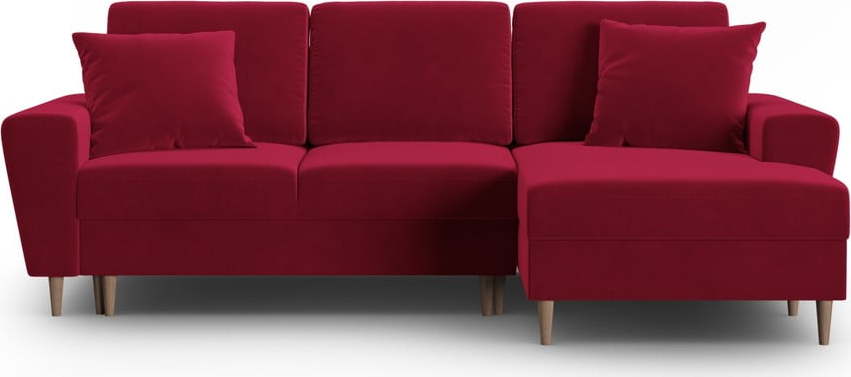 Červená sametová rozkládací/s úložným prostorem rohová pohovka (pravý roh/s lenoškou) Kyoto – Cosmopolitan Design Cosmopolitan design